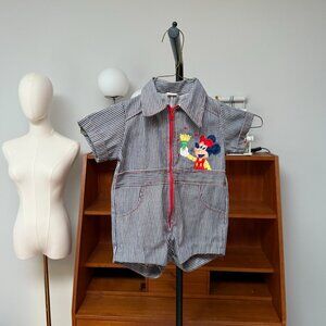 Vintage 1970s Disney Mickey Mouse Railroad Hickory Stripe Jumpsuit Baby Toddler